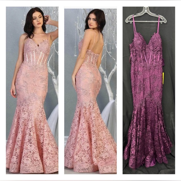 May Queen - RQ7865 Lace Appliqued V-Neck Trumpet Dress - Picture 1 of 9